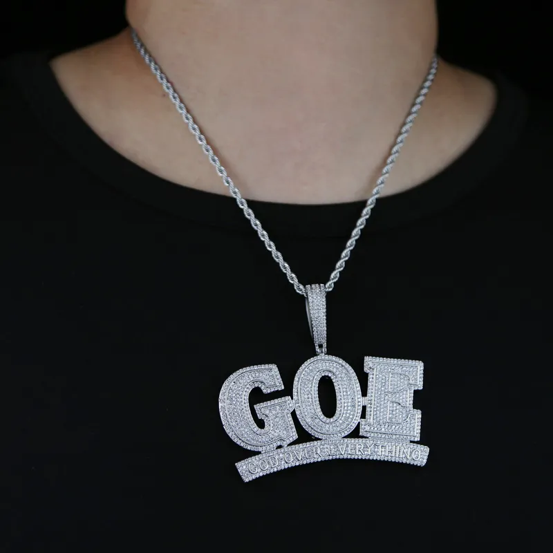 Glacé étincelles Bling 5A cubique Zircon Cz GOE lettre pendentif à breloque collier pour hommes garçon mode Hip Hop mode bijoux 290G