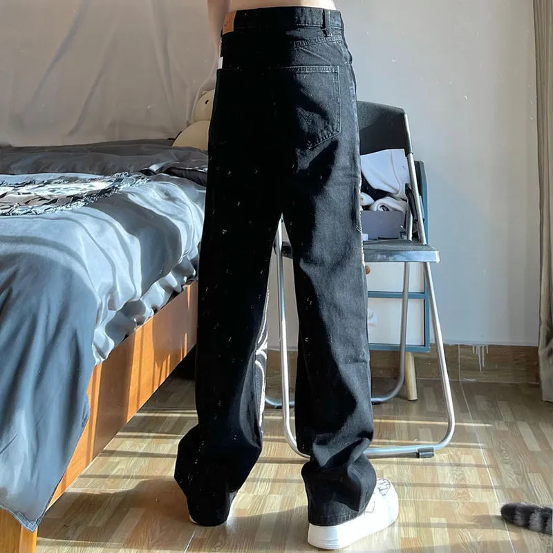 Mens Jeans Highend Versão coreana solta Ponta de aranha de perna larga imprimindo calças de rua High Street Men Streetwear 220704