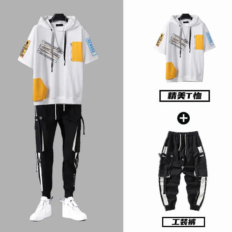 Summer Men's Sets Koreańskie modne streetwear Men Joggers Set Casual z kapturem dresylastycznymi spodniami talii męskie ubrania zestawy 220607