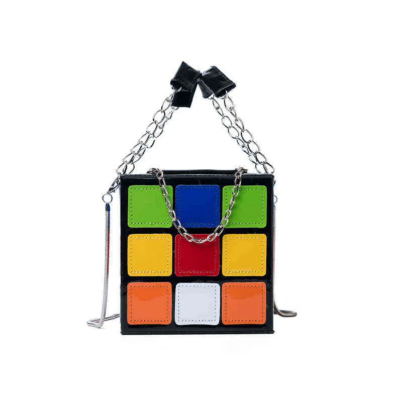Borse da sera Kleine Handtassen Voor Vrouwen Rubik 'S Cube Ontwerp Portemonnee Vierkante Handtas Mini Met Metalen Ketting Lederen Crossbody Tas 220416