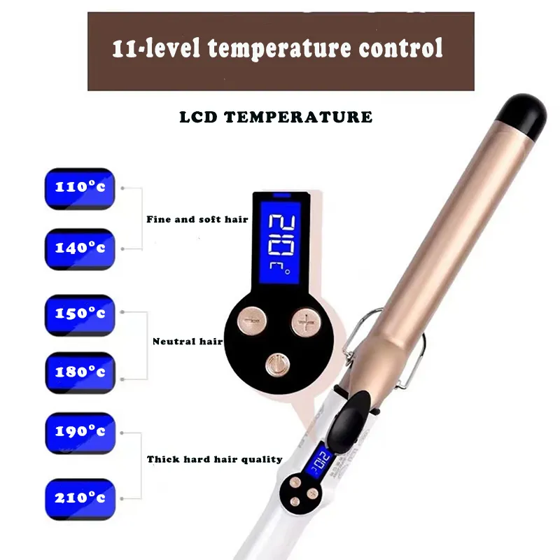 Configuración de temperatura Curlador de cabello eléctrico Curling Tong Volicilla 938 mm Pantalla LCD de hierro para el cabello 220624