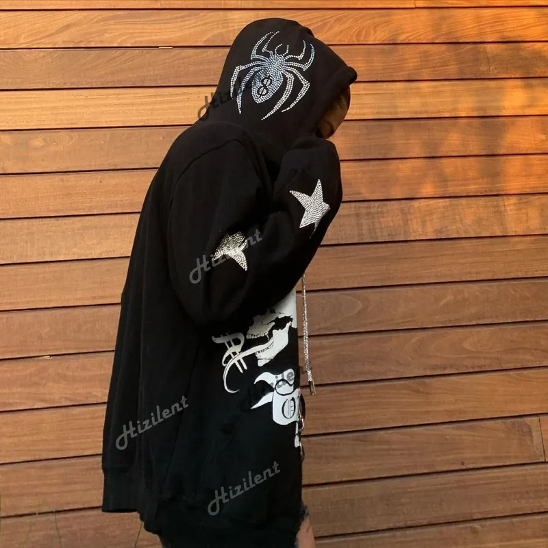 Women Spider Skull Print Streetwear Overdized Hoodie Jacket Coat Goth Harajuku Y2k Clothes Grunge Zip Hoodies 220804