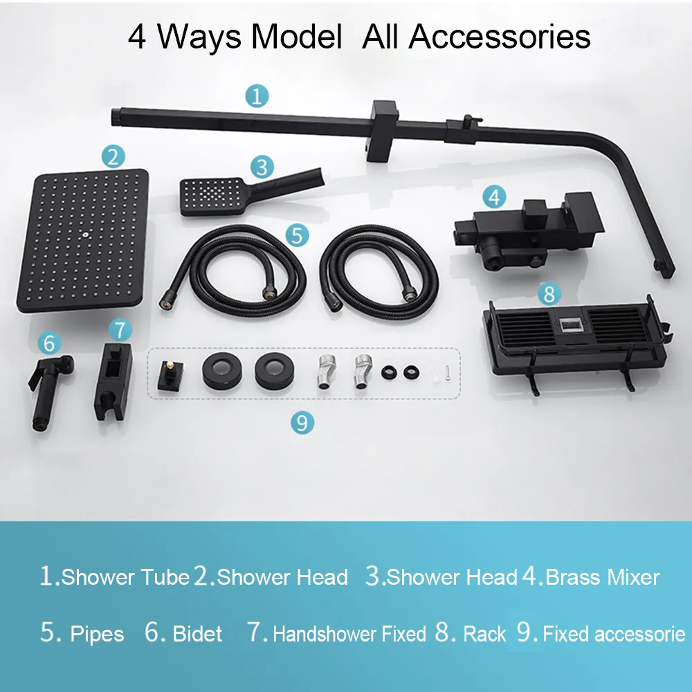 Torneira de chuveiro de latão preto Conjunto de chuva Tap da banheira com prateleira de banheiro 4 funções Altura Ajuste o batedor de chuveiro Crane Fast Delivey