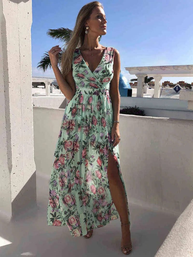 Fitshinling tryck blommig sommarstrandklänning kvinnor ärmlös sundress v hals smal sexig long pareo bohemian semester vestidos ny g220510