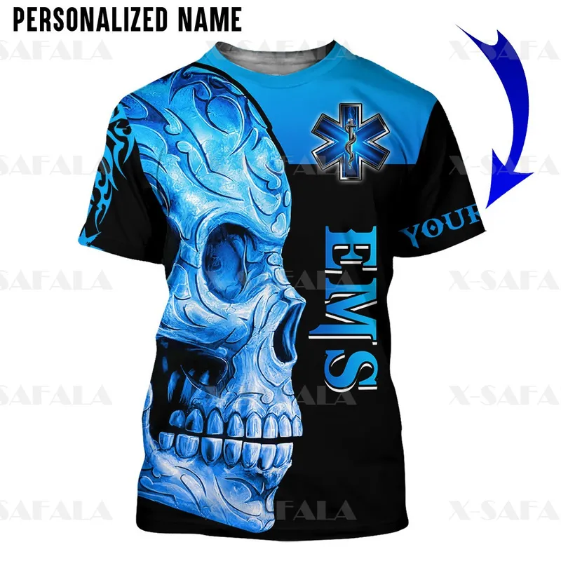 Skull EMS EMT Fizjoterapia Niestandardowa nazwa 3D Wysokiej jakości T-shirt z włókna mlecznego zaokrąglenia Mężczyźni Kobiece swobodne topy-1 220619