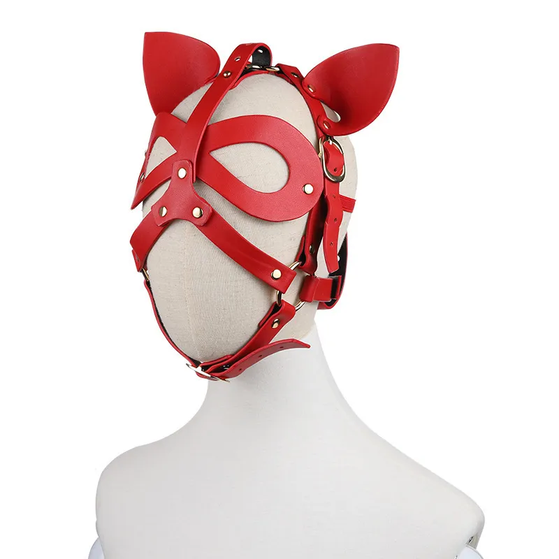 Dorosły anime cosplay wiązka wiązka niewoli głowica Kocie uszy skórzana maska ​​dla twarzy kobiety mężczyźni pary