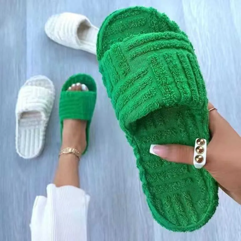 New Indoor Women Fur Slippers Fluffy Soft Furry Slides Thick Flats Heel Non Slip House Shoes Ladies Luxury Design Towel Slippers H0914
