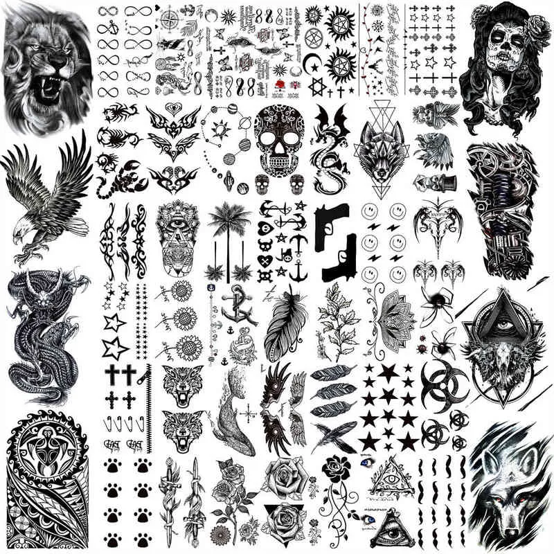 NXY Tillfällig tatuering 50 ark Svart s för män Kvinnor Realistisk Fake Lion Animal Skull Tatem Body Art Arm Lår Kids Tatoos 0330