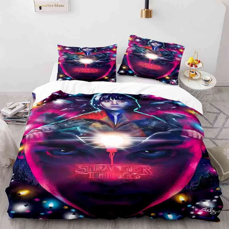 Stranger Things 3D Bedding Set Däcke täcker Kudde med science fiction -filmer tröskel sängkläder inget ark