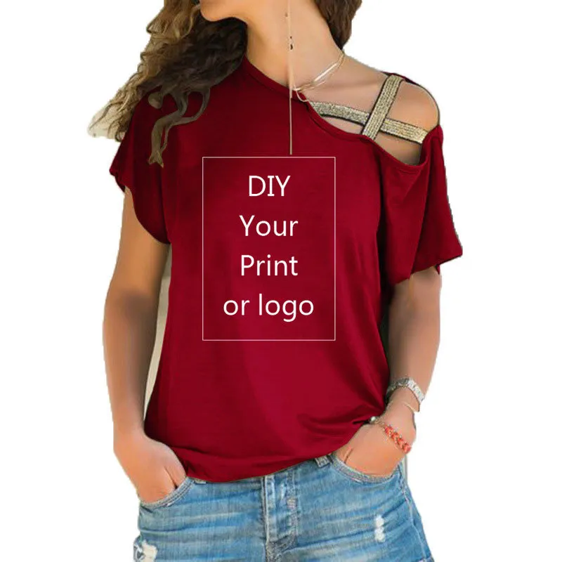 T-shirt con stampa personalizzata donna fai-da-te Your like Po o Top T-shirt Femme Irregular Skew Cross Bandage Taglia S-5XL Tees 220402