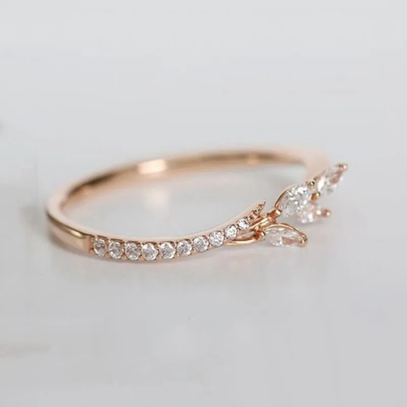 Leaf Crystal Engagement Rings Women's Eternity Wedding Band Ring For Female Rose Gold Jewelry Gifts