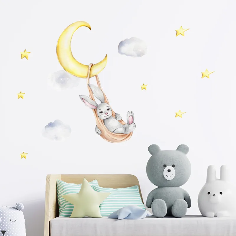 Cartoon Rabbit Moon Stars Wall Stickers For Kids Room Decoration Baby Nursery Bedroom Livingroom Wall Decals Animals House Decor 25158554