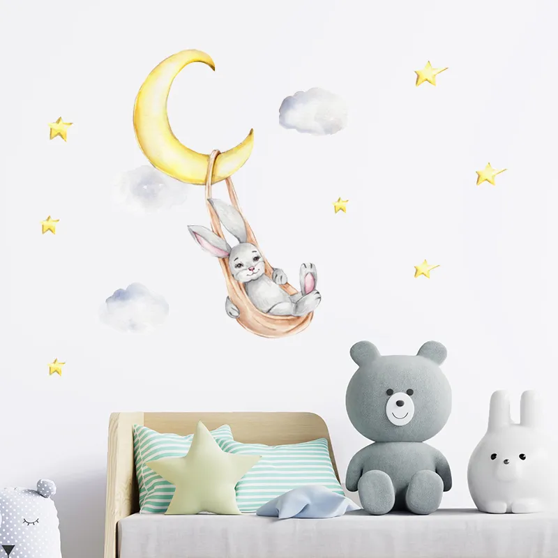 Coelho dos desenhos animados lua estrelas adesivos de parede para crianças decoração do quarto do berçário do bebê sala de estar decalques de parede animais decoração da casa 29850379