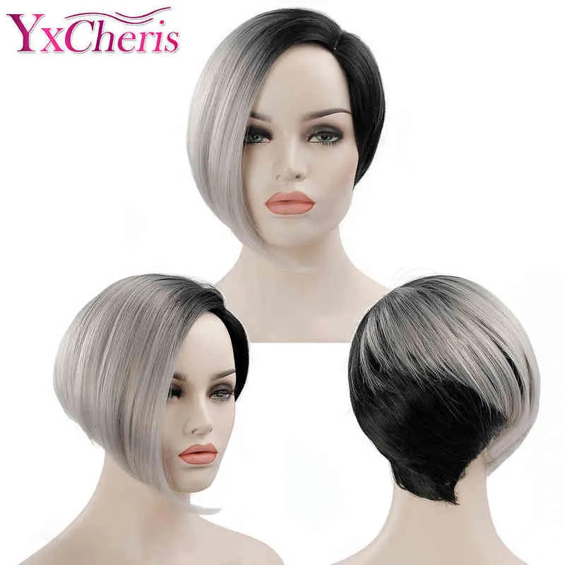 Perruques noires courtes pour femmes, cheveux gris ombrés, perruque de Cosplay synthétique en Fiber résistante à la chaleur avec racines foncées, 220622