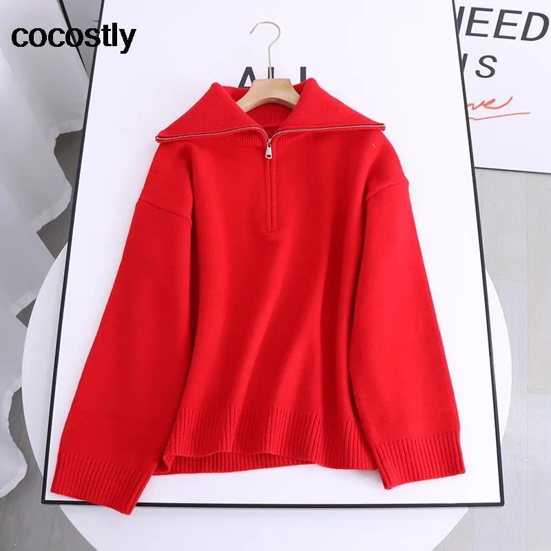 Red Solid Women Zipper Turtleck Knited Swater Sweet Long Rleeve Loose Ladies Casual Pullover Sueter Tops Jumper W220817