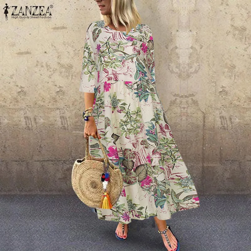 Autunno Estate ZANZEA Abito a pieghe Donna Vintage Abiti Robe Stampato Abiti lunghi maxi Femme 34 Tunica manica 220527