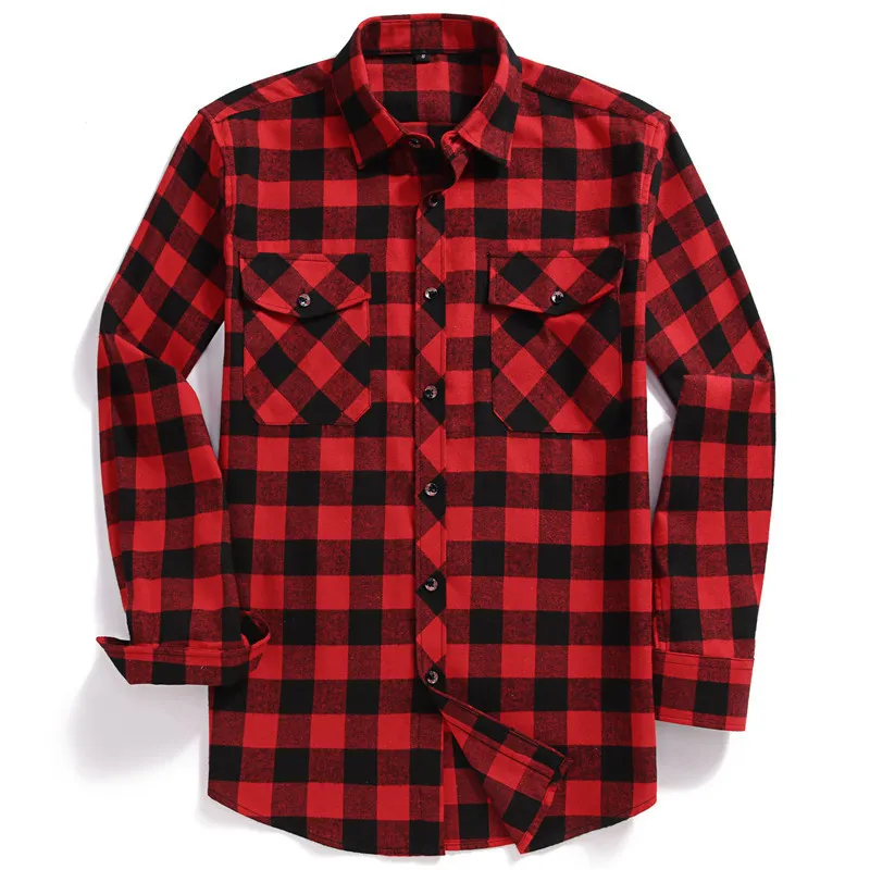 Män Casual Plaid Flannel Shirt Långärmad Bröst Två Fickdesign Mode Tryckt-Button USA Storlek S M L XL 2XL 220322
