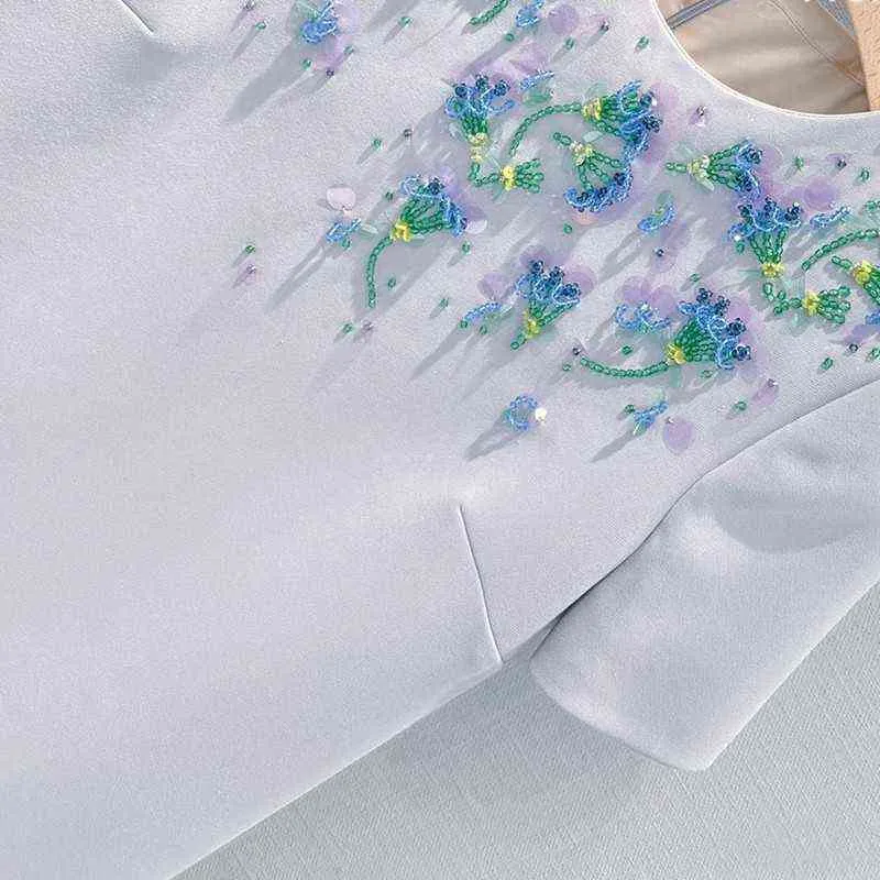 気質丸いネックドレスハンドメイドビーズフラワーハイグレードスカート半袖ミドルスプリングと夏の新しいスタイル