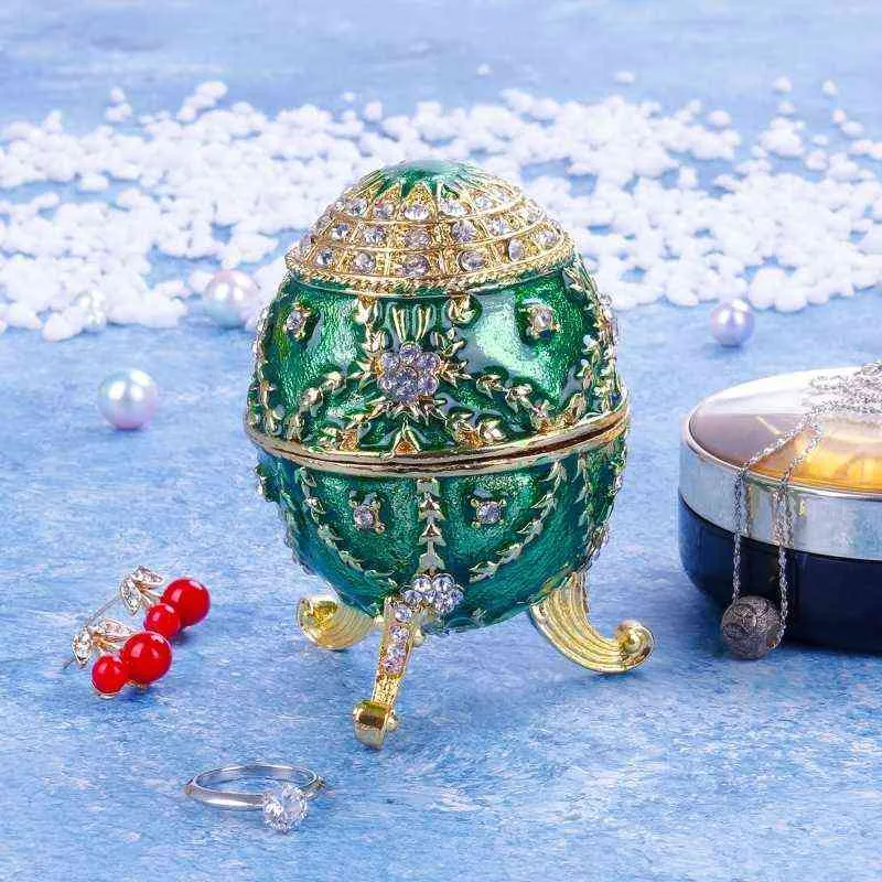 Luxury Green Faberge Easter Egg Russian Royal Case Gamba Porta di gioielli decorazione da tavolo bracciale da collana H220505