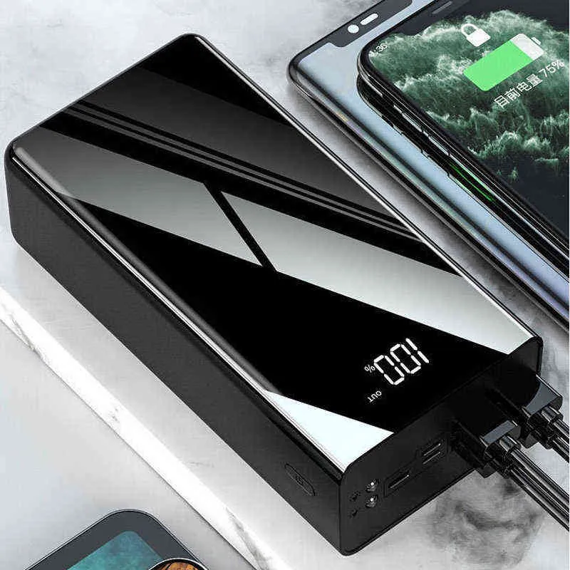 Banki energii do telefonów komórkowych 100000 mAh Power Bank 4 USB Przenośna ładowarka Full Mirror LED Cyfrowy wyświetlacz Poverbank Zewnętrzny akumulator Powerbank do telefonów T220905