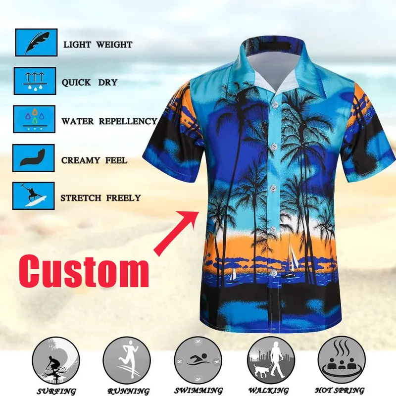 Doginthehole Casual Loose Hawaii Shirts for Men's Short Sleeve Blue Polynesian Tribal Pattern Summer Beach Shirt Comfortable 220705