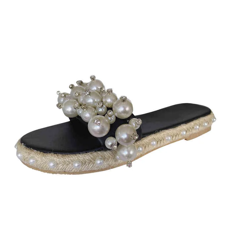 Fashion Pearl Slippers Large Size Women Flat Sandals Leisure Nonslip Slides 2022 Summer Woman Footwear Indoor Home Flip Flops Y224297477