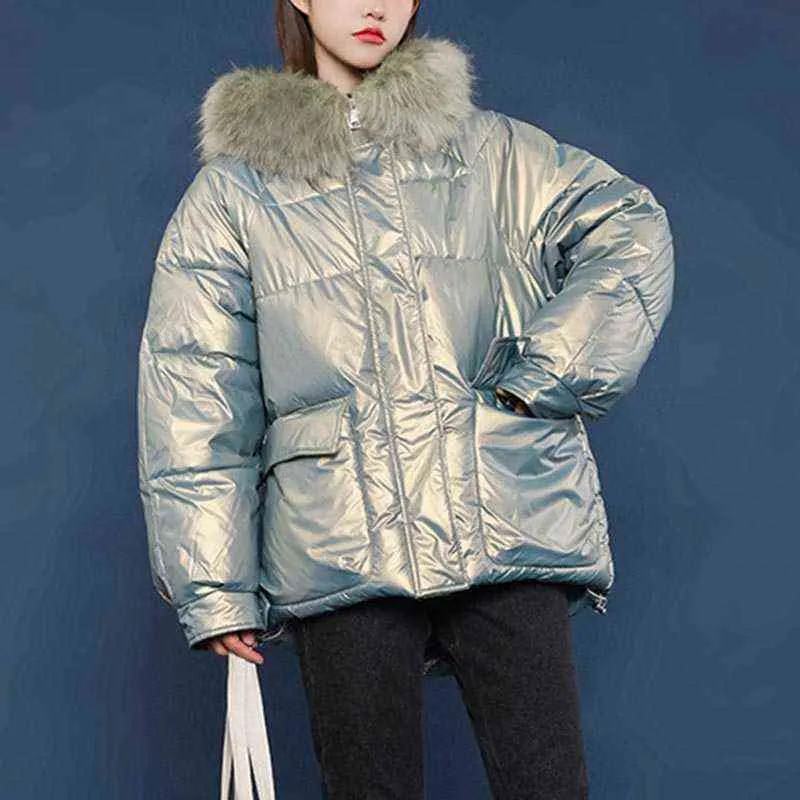 Glänzende Jacke Metallic Farbe Winter Frauen Baumwolle Pelz Kragen Mit Kapuze Langarm Dicke Warme Grundlegende Lose Dame Mantel Chic Neue l220730