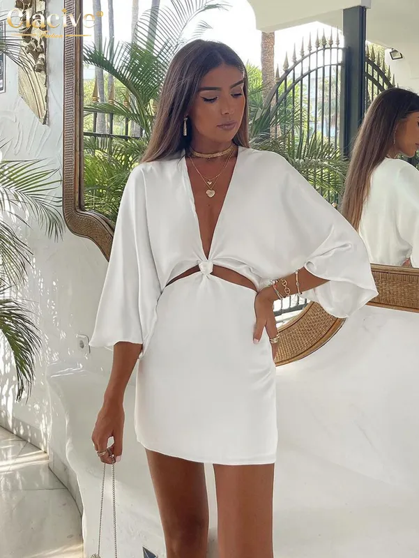Claceive Summer Deep Vneck White Satin Dress Woman Bodycon Half Sleeve Hollow Out Mini Ladies Sexy Silky Party ES 220704