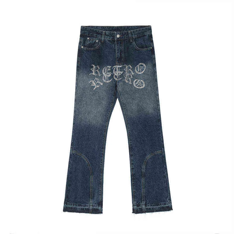 Strass Brief Stickerei Farbverlauf Gewaschene Jeans Hosen Herren Hot Drill Gerade Lässige Ripped Baggy Denim Hosen T220803