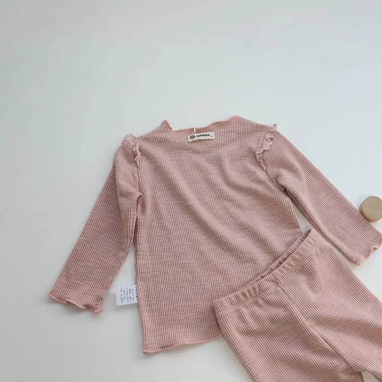 Baby Mädchen Kleidung Sets Herbst Langarm Rüschen Solide Gerippte Baumwolle T-shirts Neugeborenen Pyjamas Kleinkind Outfits