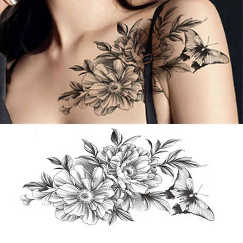 NXY Tatuaggio Temporaneo 1 Pz Ragazza Petto Pianura Fiori Neri Adesivo Impermeabile Grande Grande Vita Femminile Art Dark Rose Falso 0330