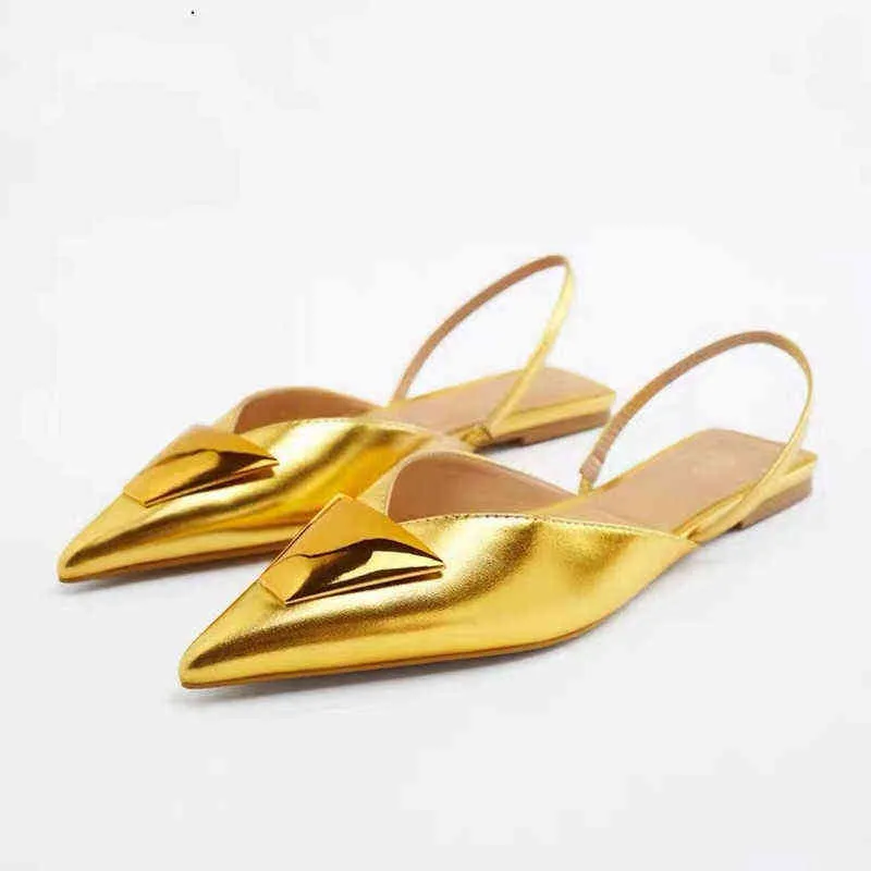 Traf Flat Gold Shoes Women Sandaler Elegant Casual Mules Pointe Slingback Shoes Luxury Woman Spring Summer New 2022 Party Sandals G220525