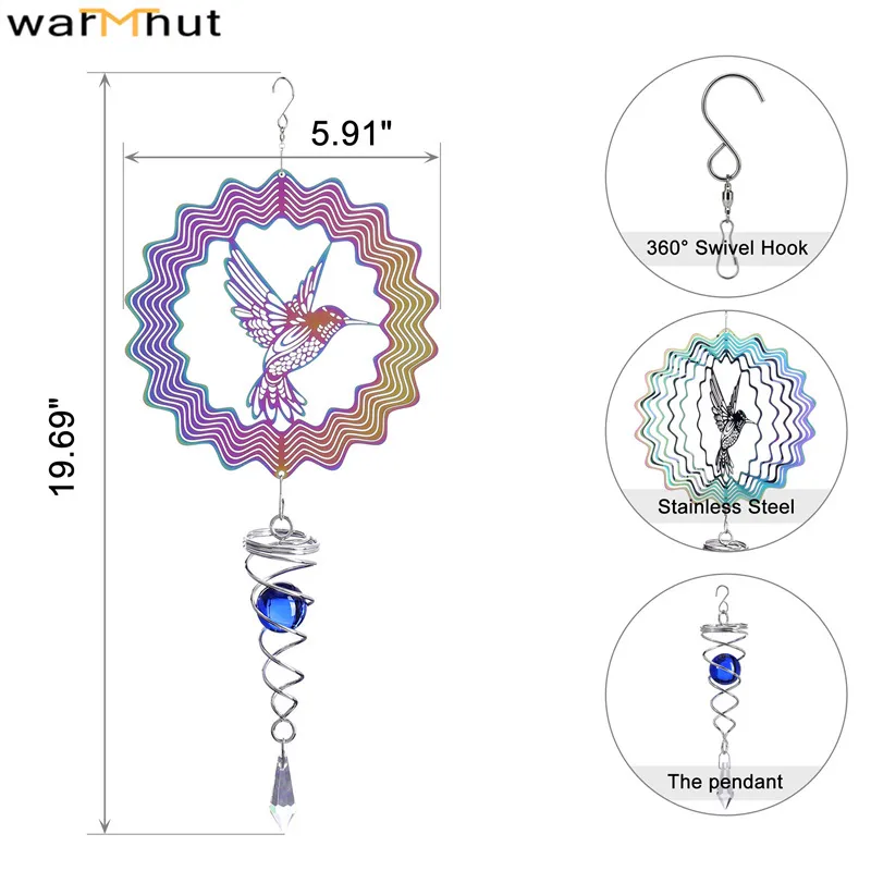 Campanas de viento WarmHut Colibrí Campanas de viento de acero inoxidable 3D Arco iris 15 cm Wind Spinner Windchime Jardín Adornos colgantes Decoración 220407