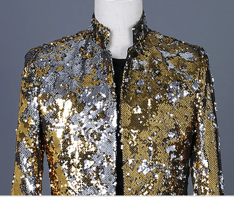 Shiny Gold Sequin Glitter Lange Blazer Jas Mannen Stand Kraag Slim Fit Smoking Pak Blazers Heren Party Prom Stadium kleding Mannelijke 220815