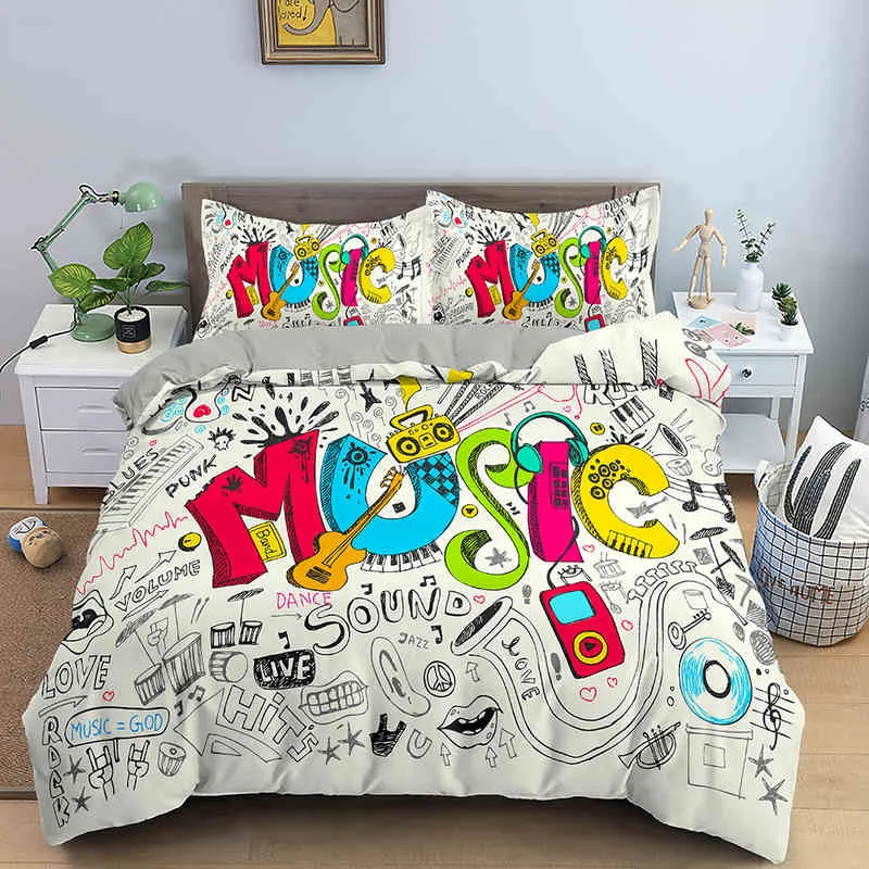 Musikanmärkning Skriv ut sängkläder uppsättning psykedelisk täcke omslagskuddkuddkedling EU dubbel king size vuxna barn sängtillbehör