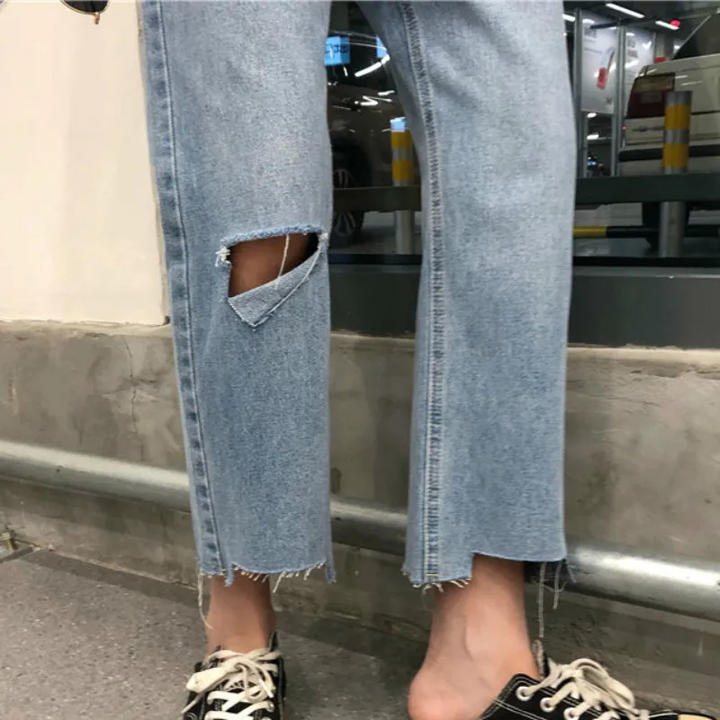 Jeans femmes trou poches fermeture éclair irrégulière cheville longueur lâche droite Denim taille haute Style coréen Chic femmes Streetwear quotidien 220815