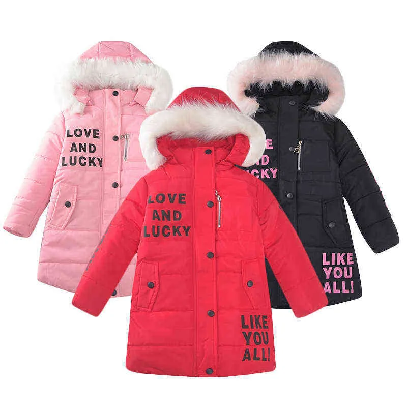 Girls Winter Plus Velvet Mid-Längd stor päls krage quiltad jacka tjej bokstav huva tjock varm lös casual quiltad jacka j220718