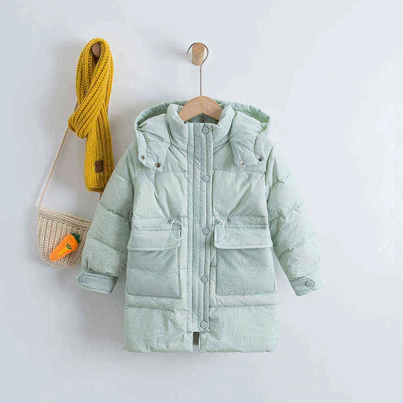 New Solid Color Hooded Mid-Length Down Jacket For Children With Hood Large Pockets Thickened Children Down Jacket 3-10 Year J220718