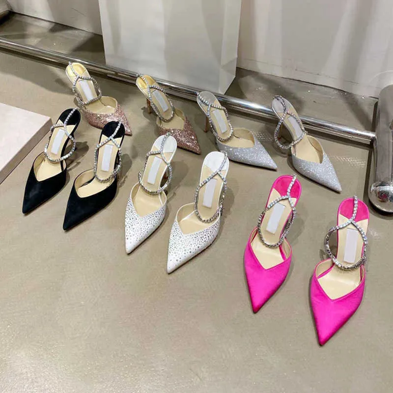 Landon Luxury Saeda Sandals Dress Shoes Crystal Strap Pumps Satin Suede Leather High Heels Bridal Wedding Party Women