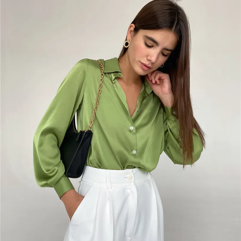 Satin Women's Shirt Polo Collar Office Lady blouse Vintage Blue Green Silk Shirt Loose Button Up Down Shirts Black Fashion Tops 220407