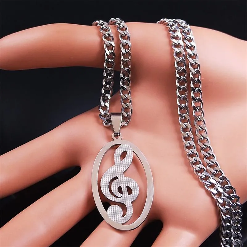 Naszyjniki wiszące nuty muzyczne Naszyjnik ze stali nierdzewnej Kobiety Mężczyźni Srebrny kolor łańcuch owalny łańcuch biżuterii acier inoxydable N4277S06P301p