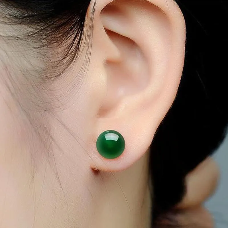 Other 8mm Round Natural Green Agate Stud Earrings For Women S925 Sterling Silver Vintage Fine Jewelry Wedding Brincos Red
