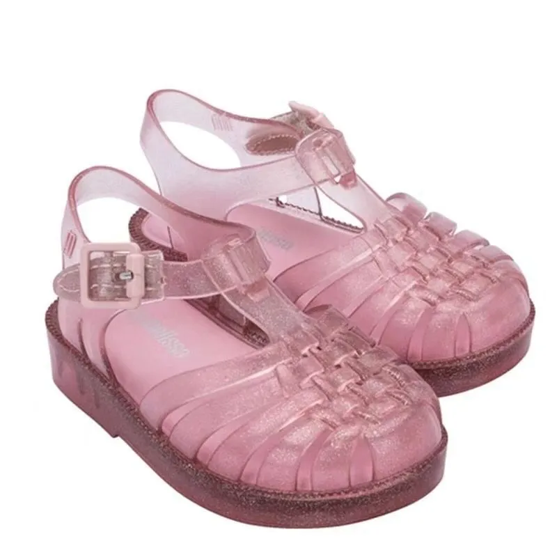 Mini Melissa Girls Roma Jelly Sandals Princesa Sparkle Fashion Jelly Sapatos Kids Candy Color Beach Derme para crianças HMI043 220621