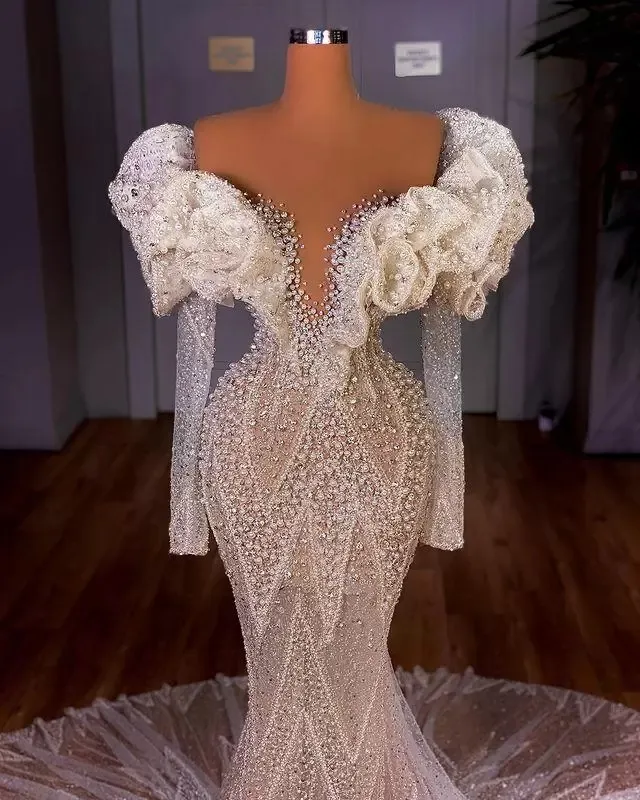 Orders Luxury Mermaid 2022 Wedding Dresses Bridal Gowns Off The Shoulder Ruffles Long Sleeve Beaded Crystal Sweep Train Robe de marie