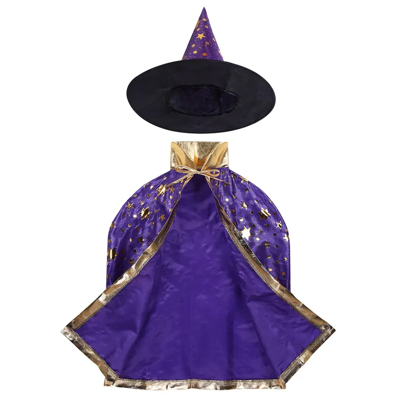 Occasions spéciales Enfants Halloween Costume Sorcière Assistant Cape Cape avec Chapeau Pointu Ensemble Anime Cosplay Fête Étoiles Motif Filles Garçons Magicien Tenue 220826