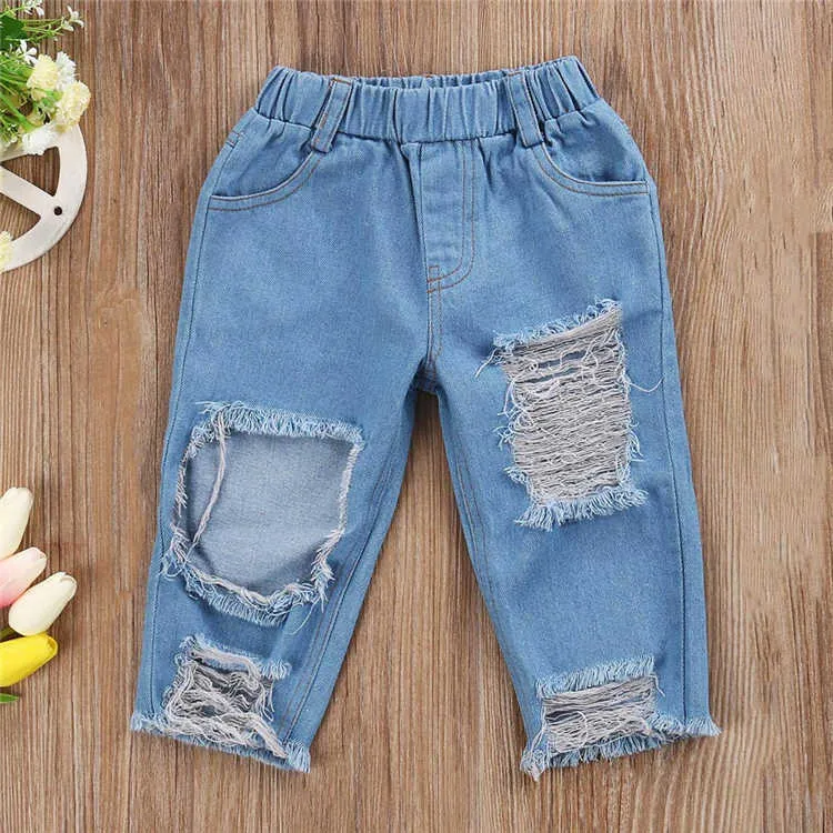 Kleding Baby Girl Kids Set Flying Sleeve White Top gescheurde jeans denim broek bogen hoofdband 3 stcs sets voor kinderen designer kleding meisjes