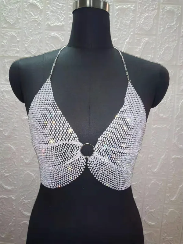 Women Clubwear Flash Diamond Grid Sexy Top Camis Summer Mesh Bra Bralette Beach Club Wear Crystal s 220316
