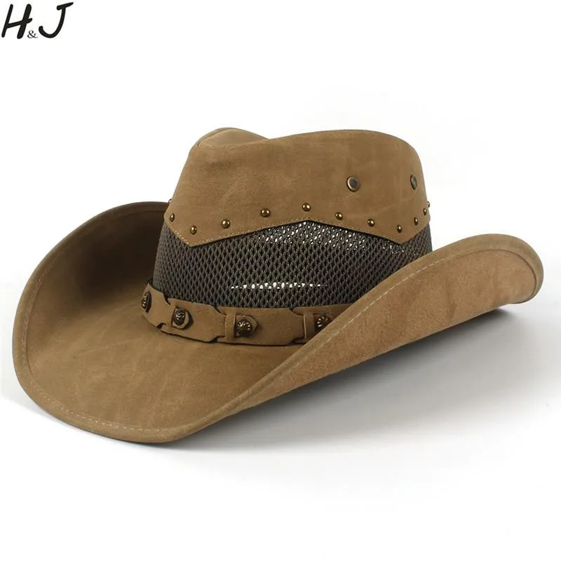 Boinas 100% cuero Mujeres Hombres Sombrero de vaquero occidental Malla de verano Sombrero transpirable Hombre Gorras Papá Padrino Sombreros 2 Szie Plus SizeBe2475