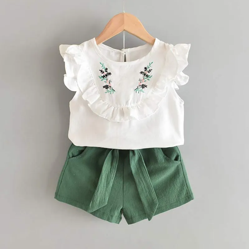 Beer leider zomer casual kinderen sets chiffon bloemen blauwe t-shirt broek meisjes kleding kinderen ingesteld voor 3-7 jaar 220326