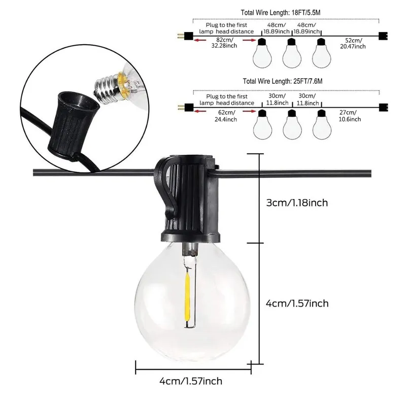 IP45 25FT Fairy String Lights Décoration de Noël en plein air Lumière 1W G40 LED Globe Ampoule Dimmable Patio String Light Party Mariage 220408